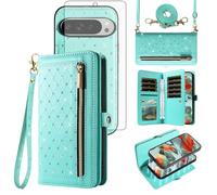 Asuwish Phone Case for Google Pixel 9 Pro XL Zipper Wallet Detachable Cell Cover with Tempered Glass Screen Protector Crossbody Strap Bling Flip Credit Card Holder Pixel9 9Pro 9ProXL Nine Women Teal