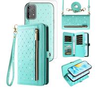 Asuwish Phone Case for Honor 200 Lite 5G Zipper Wallet Detachable Magnetic Cell Cover with Screen Protector Crossbody Lanyard Strap Bling Glitter Flip Credit Card Holder Slots Honor200Lite Women Teal