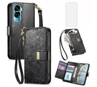 Asuwish Phone Case for Honor 90 Lite 5G Wallet Cover with Tempered Glass Screen Protector and Card Holder Slot Zipper Wrist Strap Flip Cell Accessories Honor90 90Lite X50i CRT-NX1 Women Men Black