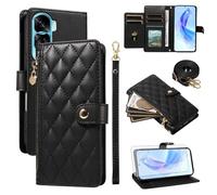 Asuwish Phone Case for Honor 90 Lite 5G Zipper Wallet Cover with Tempered Glass Screen Protector and Card Holder Slot Kickstand Wrist Strap Cell Accessories Honor90 90Lite X50i CRT-NX1 Women Men Black