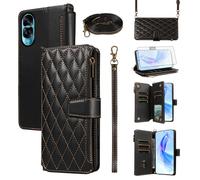 Asuwish Phone Case for Honor 90 Lite 5G Zipper Wallet Cover with Tempered Glass Screen Protector and Flip Card Holder Slot Protective Cell Accessories Honor90 90Lite X50i CRT-NX1 Women Men Black