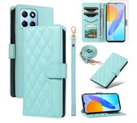 Asuwish Phone Case for Honor X8 5G/ X6 4G / X6S /70 Lite Wallet Cover with Tempered Glass Screen Protector and Wrist Strap Lanyard Card Holder Slot Stand Flip Cell Huawei 70Lite G4 Women Men Green