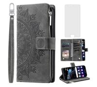 Asuwish Phone Case for Huawei P10 Wallet Cover With Tempered Glass Screen Protector and Wrist Strap Mandala Flower Leather Flip Zipper Credit Card Holder Stand Cell Hawaii P 10 10P VTR-L09 Women Grey