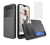 Asuwish Phone Case for Huawei P20 Pro with Tempered Glass Screen Protector Cover and Card Holder Slot Hybrid Full Body Protective Shockproof Cell Accessories Hawaii P 20Pro 20 P20pro Women Men Grey