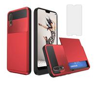 Asuwish Phone Case for Huawei P20 Pro with Tempered Glass Screen Protector Cover and Card Holder Slot Hybrid Full Body Protective Shockproof Cell Accessories Hawaii P 20Pro 20 P20pro Women Men Red