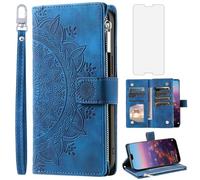 Asuwish Phone Case for Huawei P20 Wallet Cover With Tempered Glass Screen Protector and Wrist Strap Mandala Flower Leather Flip Zipper Credit Card Holder Slot Cell Hawaii P 20 20P EML-L09 EML-L29 Blue