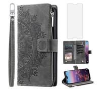 Asuwish Phone Case for Huawei P20 Wallet Cover With Tempered Glass Screen Protector and Wrist Strap Mandala Flower Leather Flip Zipper Credit Card Holder Slot Cell Hawaii P 20 20P EML-L09 EML-L29 Grey