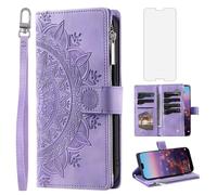 Asuwish Phone Case for Huawei P20 Wallet Cover With Tempered Glass Screen Protector and Wrist Strap Mandala Flower Leather Flip Zipper Credit Card Holder Cell Hawaii P 20 20P EML-L09 EML-L29 Purple