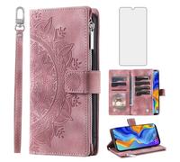 Asuwish Phone Case for Huawei P30 Lite/Nova 4E Wallet Cover With Tempered Glass Screen Protector and Wrist Strap Mandala Flower Flip Zipper Credit Card Holder Cell Hawaii P30Lite P 30 30Lite Rose Gold
