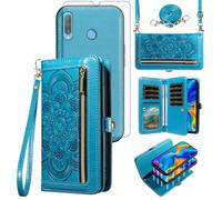 Asuwish Phone Case for Huawei P30 Lite/Nova 4E Zipper Wallet Detachable Cell Cover with Tempered Glass Screen Protector Crossbody Strap Flower Credit Card Holder Hawaii P30Lite P 30 30Lite Women Blue