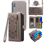 Asuwish Phone Case for Huawei P30 Lite/Nova 4E Zipper Wallet Detachable Cell Cover with Tempered Glass Screen Protector Crossbody Strap Flower Credit Card Holder Hawaii P30Lite P 30 30Lite Women Grey
