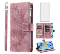 Asuwish Phone Case for Huawei P30 Pro Wallet Cover With Tempered Glass Screen Protector and Wrist Strap Mandala Flower Leather Flip Zipper Credit Card Holder Cell Hawaii P30Pro P 30 Pro30 Rose Gold