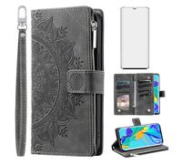 Asuwish Phone Case for Huawei P30 Pro Wallet Cover With Tempered Glass Screen Protector and Wrist Strap Mandala Flower Leather Flip Zipper Credit Card Holder Cell Hawaii P30Pro P 30 Pro30 Women Grey