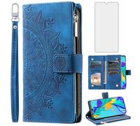 Asuwish Phone Case for Huawei P30 Wallet Cover With Tempered Glass Screen Protector and Wrist Strap Mandala Flower Leather Flip Zipper Credit Card Holder Slot Stand Cell Hawaii P 30 ELE-L29 Women Blue