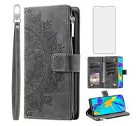 Asuwish Phone Case for Huawei P30 Wallet Cover With Tempered Glass Screen Protector and Wrist Strap Mandala Flower Leather Flip Zipper Credit Card Holder Slot Stand Cell Hawaii P 30 ELE-L29 Women Grey