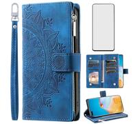 Asuwish Phone Case for Huawei P40 Pro Wallet Cover With Tempered Glass Screen Protector and Wrist Strap Mandala Flower Leather Flip Zipper Credit Card Holder Slot Cell Hawaii P40Pro 5G P 40 40pro Blue