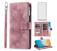 Asuwish Phone Case for Huawei P40 Pro Wallet Cover With Tempered Glass Screen Protector and Wrist Strap Mandala Flower Leather Flip Zipper Credit Card Holder Cell Hawaii P40Pro 5G P 40 40pro Rose Gold