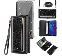 Asuwish Phone Case for Huawei Y6 2019/Y6 Prime 2019/Y6s/Honor Play 8A/Honor8A Zipper Wallet Detachable Cell Cover with Screen Protector Strap Bling Glitter Flip Card Holder Hawaii 6Y Pro Women Black
