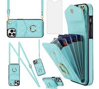 Asuwish Phone Case for iPhone 12 Pro Max 6.7 Wallet Cover with Tempered Glass Screen Protector Ring RFID Blocking Credit Card Holder Cell iPhone12promax 5G i 12s Plus iPhone12 12pro Promax Women Teal