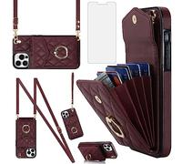 Asuwish Phone Case for iPhone 12 Pro Max 6.7 Wallet Cover with Tempered Glass Screen Protector Ring RFID Blocking Card Holder TPU Cell iPhone12promax 5G i 12s Plus iPhone12 12pro Promax Women Wine Red