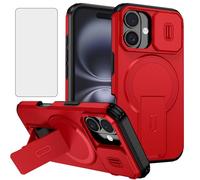 Asuwish Phone Case for iPhone 16 6.1 inch and Camera Cover Tempered Glass Screen Protector Magnetic Stand Compatible with MagSafe Shockproof Heavy Duty Hybrid i Phone16 i16 16Case Women Men Red