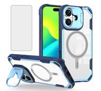 Asuwish Phone Case for iPhone 16 Plus 6.7 inch with Tempered Glass Screen Protector Camera Holder Kickstand Cover Magnetic Hybrid Slim Protective Mobile Cell i Phone16 16+ i16 + 16Plus Women Men Blue