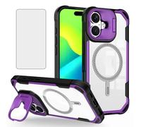 Asuwish Phone Case for iPhone 16 Plus 6.7 inch with Tempered Glass Screen Protector Camera Holder Kickstand Cover Magnetic Hybrid Slim Protective Mobile Cell i Phone16 16+ i16 + 16Plus Women Purple