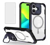 Asuwish Phone Case for iPhone 16 Plus 6.7 inch with Tempered Glass Screen Protector Camera Holder Kickstand Cover Magnetic Hybrid Slim Protective Mobile Cell i Phone16 16+ i16 + 16Plus Men Navy Blue