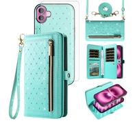 Asuwish Phone Case for iPhone 16 Plus 6.7 inch Zipper Wallet Detachable Magnetic Cell Cover with Screen Protector Crossbody Strap Bling Flip Credit Card Holder i Phone16 16+ i16 + 16Plus Women Teal