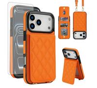 Asuwish Phone Case for iPhone 17 Pro 6.3 inch Wallet Cell Cover with Tempered Glass Screen Protector Crossbody Strap RFID Blocking Flip Credit Card Holder Slot i Phone17 i17 17Pro Women Men Orange