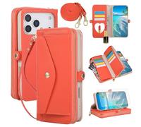 Asuwish Phone Case for iPhone 17 Pro 6.3 inch Zipper Wallet Cell Cover with Screen Protector Crossbody Shoulder Strap Makeup Mirror PU Leather Flip Credit Card Holder i Phone17 i17 17Pro Women Orange