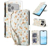 Asuwish Phone Case for iPhone 17 Pro Max 6.9 inch Wallet Cell Flip Cover with Tempered Glass Screen Protector Flower Card Holder Slot Stand i Phone17 17Pro i17 ProMax 17ProMax Orange Flowers