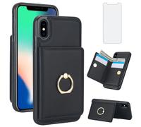 Asuwish Phone Case for iPhone Xs Max Cover with Tempered Glass Screen Protector and Stand Ring RFID Credit Card Holder Slot Cell i X XR Xsmax 10x SX Xmax 10xs 10s 10 Plus Xmaxs Cs Women Men Black