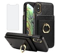 Asuwish Phone Case for iPhone Xs Max Wallet Cell Cover with Screen Protector Slim PU Leather Card Holder Slot RFID Blocking Ring Stand i X XR Xsmax 10x SX Xmax 10xs 10s 10 Plus Xmaxs Black