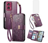 Asuwish Phone Case for Moto Edge 50 Fusion/G85/S50 Neo Wallet Cover with Screen Protector and Card Holder Slot Stand Zipper Cell Accessories Wrist Strap Motorola edge50Fusion edge50 Women Men Purple