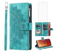 Asuwish Phone Case for Moto G15 Wallet Cover With Tempered Glass Screen Protector and Wrist Strap Mandala Flower Leather Flip Zipper Credit Card Holder Slot Stand Cell MotoG15 Women Men Green