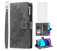 Asuwish Phone Case for Motorola Moto E20/E30/E40 Wallet Cover With Tempered Glass Screen Protector and Wrist Strap Mandala Flower Leather Flip Zipper Credit Card Holder Cell XT2155 2021 Women Men Grey