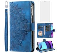 Asuwish Phone Case for Motorola Moto E20/E30/E40 Wallet Cover With Tempered Glass Screen Protector and Wrist Strap Mandala Flower Leather Flip Zipper Credit Card Holder Cell XT2155 2021 Women Men Blue