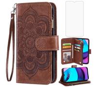 Asuwish Phone Case for Motorola Moto E20/E30/E40 Wallet Cover with Tempered Glass Screen Protector and Flower PU Leather Flip Credit Card Holder Stand Cell Accessories XT2155 2021 Women Men Brown