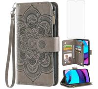 Asuwish Phone Case for Motorola Moto E20/E30/E40 Wallet Cover with Tempered Glass Screen Protector and Flower PU Leather Flip Credit Card Holder Stand Cell Accessories Slot XT2155 2021 Women Men Grey