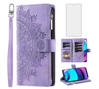 Asuwish Phone Case for Motorola Moto E20/E30/E40 Wallet Cover With Tempered Glass Screen Protector and Wrist Strap Mandala Flower Leather Flip Zipper Credit Card Holder Cell XT2155 2021 Women Purple