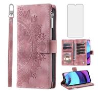 Asuwish Phone Case for Motorola Moto E20/E30/E40 Wallet Cover With Tempered Glass Screen Protector and Wrist Strap Mandala Flower Leather Flip Zipper Credit Card Holder Slot Cell XT2155 2021 Rose Gold