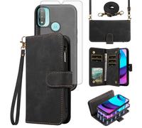 Asuwish Phone Case for Motorola Moto E20/E30/E40 Zipper Wallet Detachable Magnetic Cell Cover with Tempered Glass Screen Protector Crossbody Lanyard Strap Flip Card Holder Slot XT2155 2021 Women Black