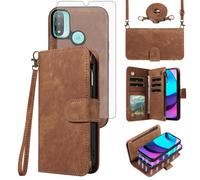Asuwish Phone Case for Motorola Moto E20/E30/E40 Zipper Wallet Detachable Magnetic Cell Cover with Tempered Glass Screen Protector Crossbody Lanyard Strap Flip Card Holder Slot XT2155 2021 Women Brown