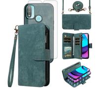 Asuwish Phone Case for Motorola Moto E20/E30/E40 Zipper Wallet Detachable Magnetic Cell Cover with Tempered Glass Screen Protector Crossbody Lanyard Strap Flip Card Holder Slot XT2155 2021 Women Blue