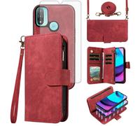 Asuwish Phone Case for Motorola Moto E20/E30/E40 Zipper Wallet Detachable Magnetic Cell Cover with Tempered Glass Screen Protector Crossbody Lanyard Strap Flip Card Holder Slot XT2155 2021 Women Red