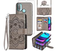 Asuwish Phone Case for Motorola Moto E20/E30/E40 Zipper Wallet Magnetic Detachable Cell Cover with Tempered Glass Screen Protector Crossbody Lanyard Strap Flower Card Holder XT2155 2021 Women Men Grey