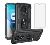 Asuwish Phone Case for Motorola Moto E7 6.5 inch with Tempered Glass Screen Protector Cover Stand Ring Holder Hard Shockproof Kickstand Cell Accessories Heavy Duty Magnetic MotoE7 Women Men Black