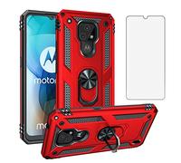 Asuwish Phone Case for Motorola Moto E7 6.5 inch with Tempered Glass Screen Protector Cover Stand Ring Holder Hard Shockproof Kickstand Cell Accessories Heavy Duty Magnetic MotoE7 Women Men Red
