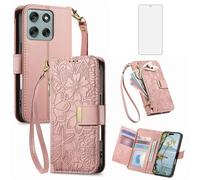 Asuwish Phone Case for Motorola Moto G15 4G Lte Wallet Cover with Screen Protector and Card Holder Slot Stand Zipper Magnetic Cell Accessories Flip Wrist Strap MotoG15 G 15 XT2521-2 Women Rose Gold